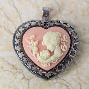 Vintage Sterling Silver Pink Mother & Child Heart Pendant Brooch Milor Italy